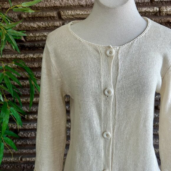Monoreno Beige Cream Lace Hem Linen Blend Tunic Length Cardigan Sweater - Picture 6 of 9
